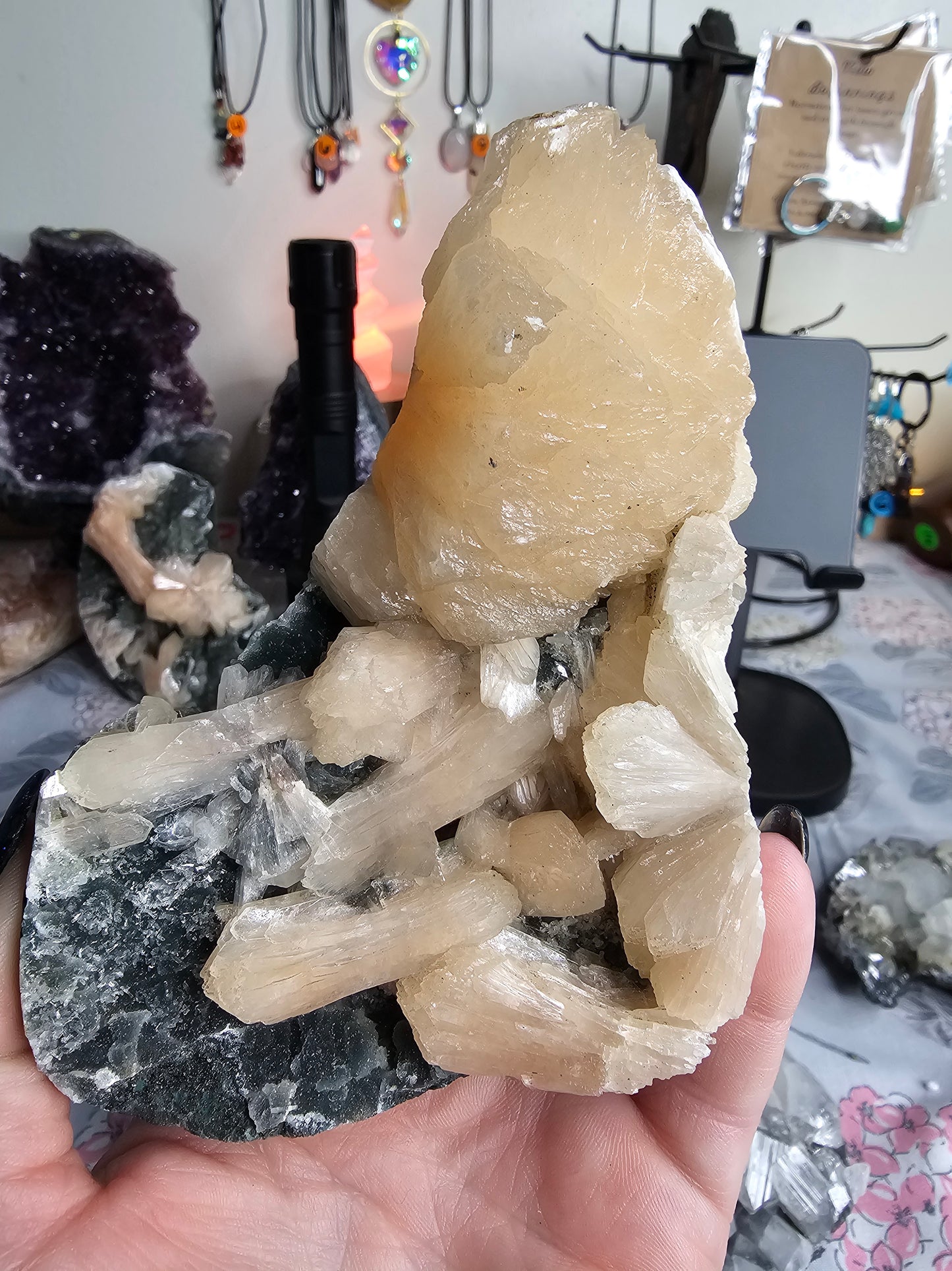 Stilbite on Green Chalcedony