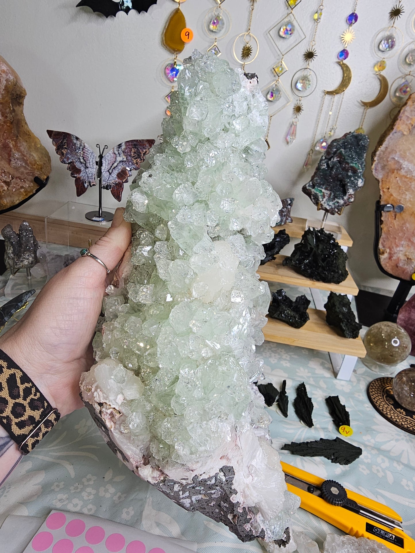 Green Apophyllite on Pink Chalcedony